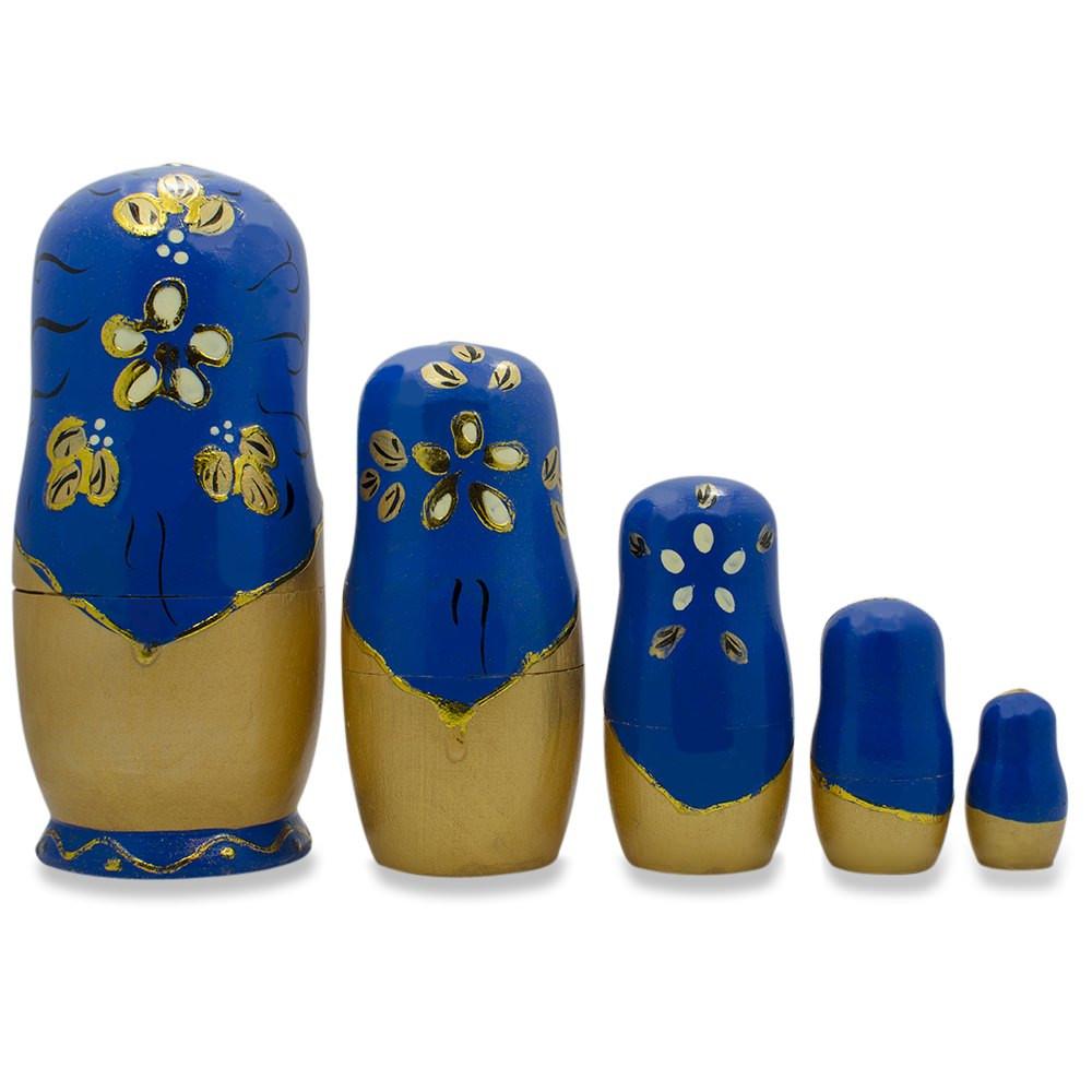 Set Of 5 White Flowers On Blue Nesting Dolls 6.5 Inches