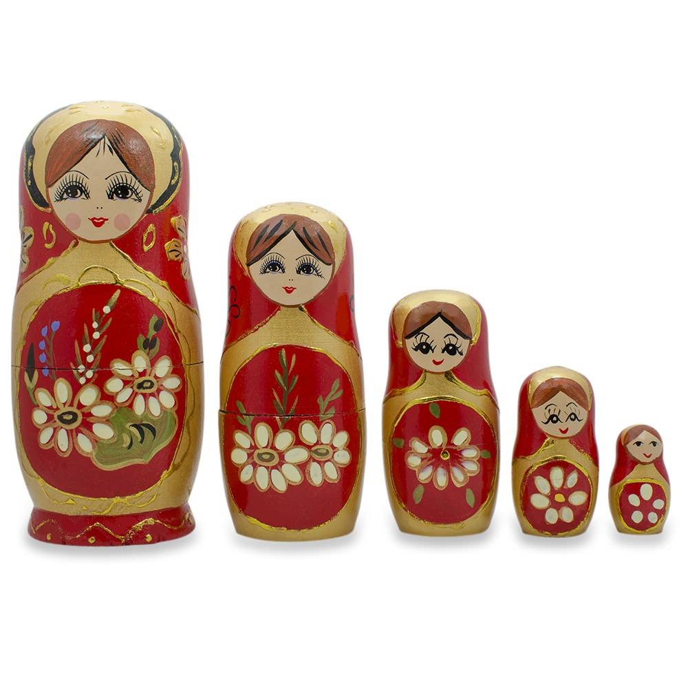 Set Of 5 White Flowers On Red Nesting Dolls 6.5 Inches