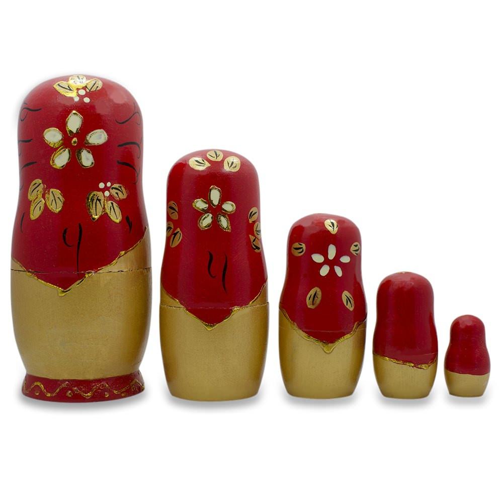 Set Of 5 White Flowers On Red Nesting Dolls 6.5 Inches