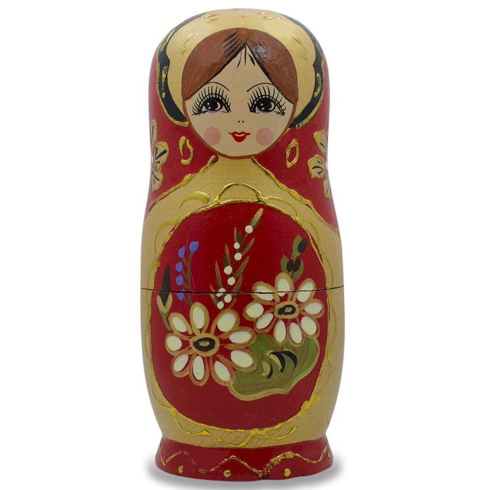 Set Of 5 White Flowers On Red Nesting Dolls 6.5 Inches