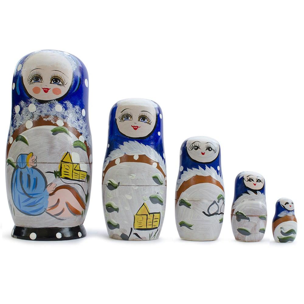 Set Of 5 Winter Village Scene Nesting Dolls  6.5 Inches