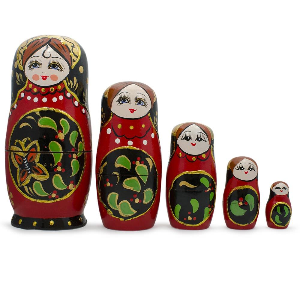 Set Of 5 Red & Black Wooden Nesting Dolls Matryoshka 6.5 Inches