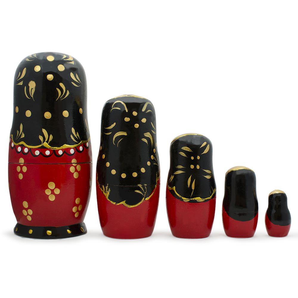 Set Of 5 Red & Black Wooden Nesting Dolls Matryoshka 6.5 Inches