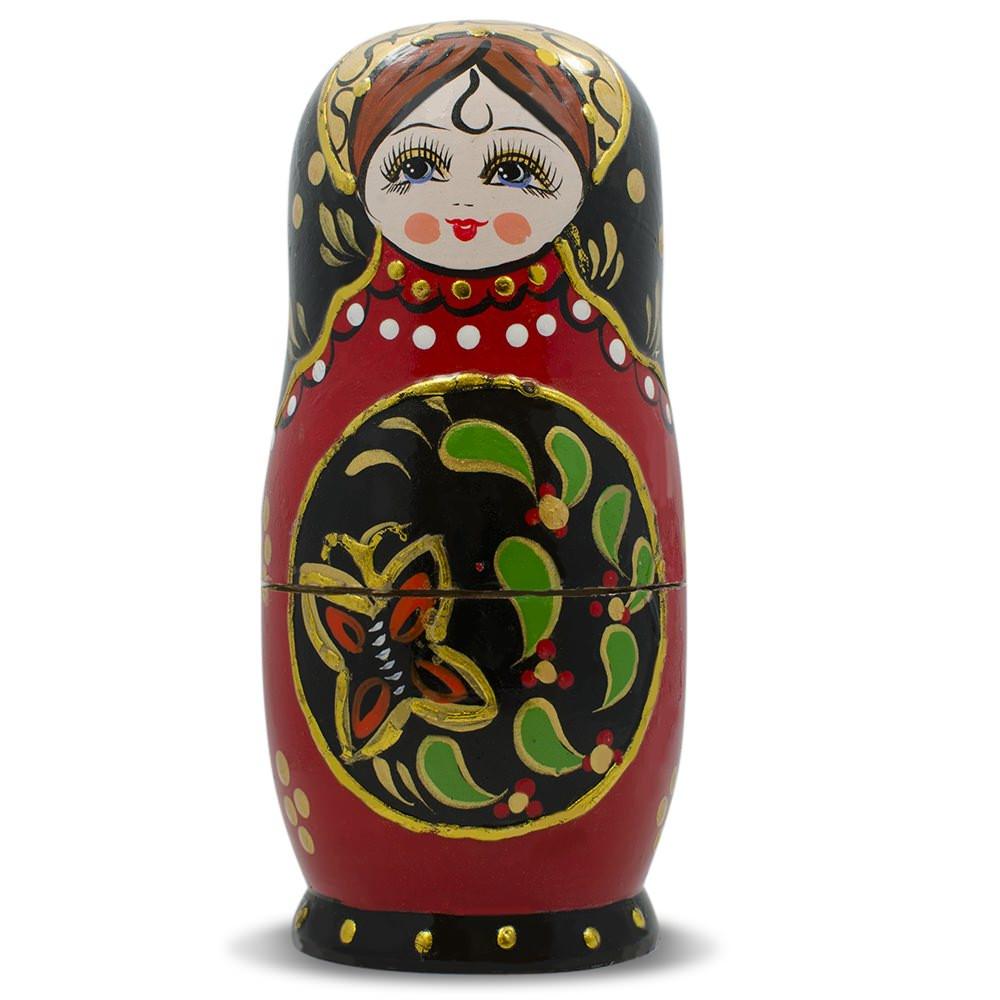 Set Of 5 Red & Black Wooden Nesting Dolls Matryoshka 6.5 Inches