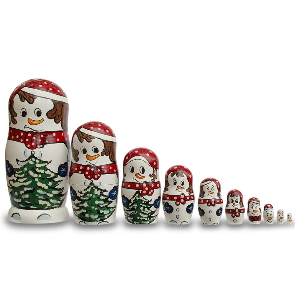 Set Of 10 Snowmen With Christmas Tree Wooden Nesting Dolls 10.25 Inches