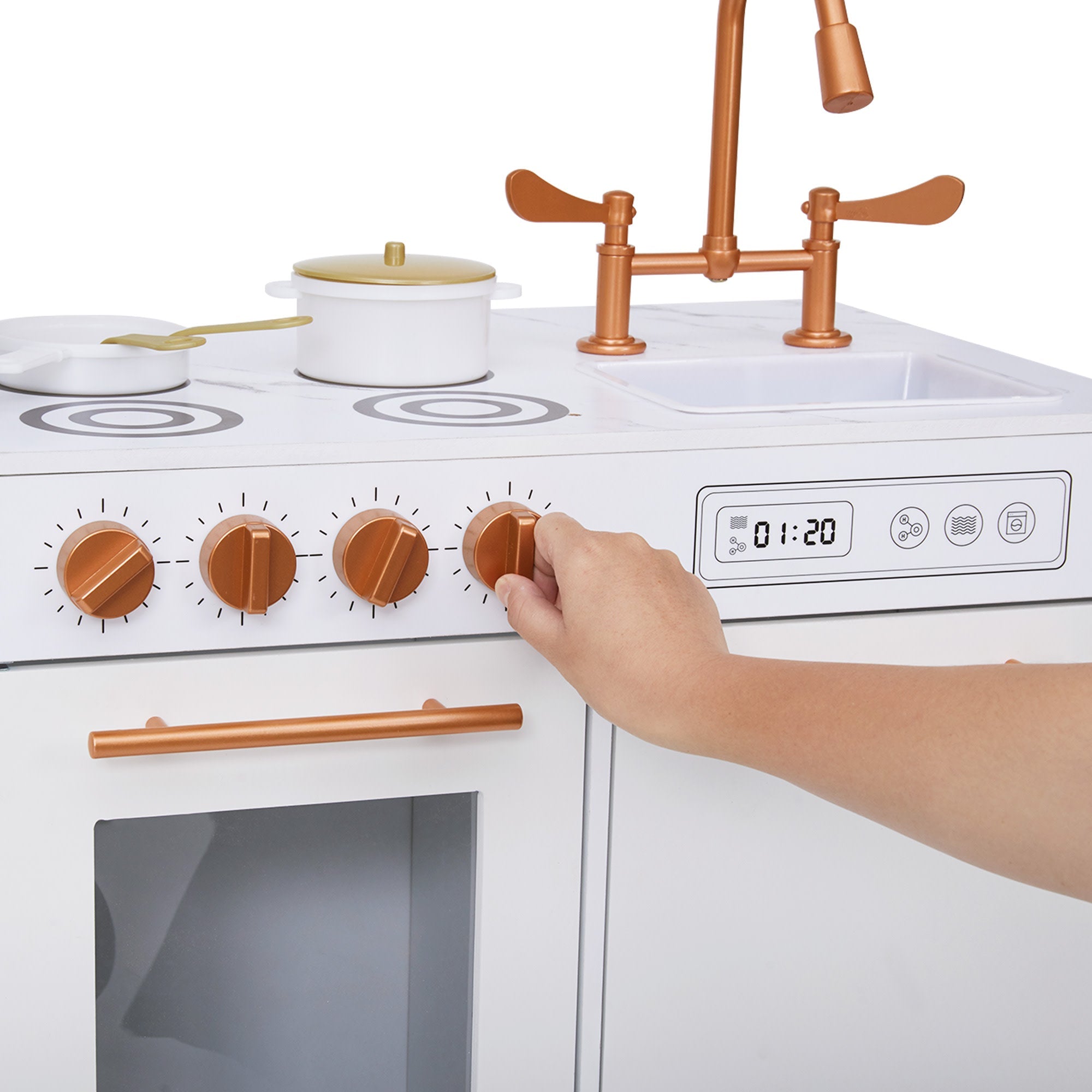 Little Chef Milano Two-piece Modular Modern Delight Play Kitchen With Cooking Accessories, Faux Marble Countertop, & Rose Gold Hardware, White