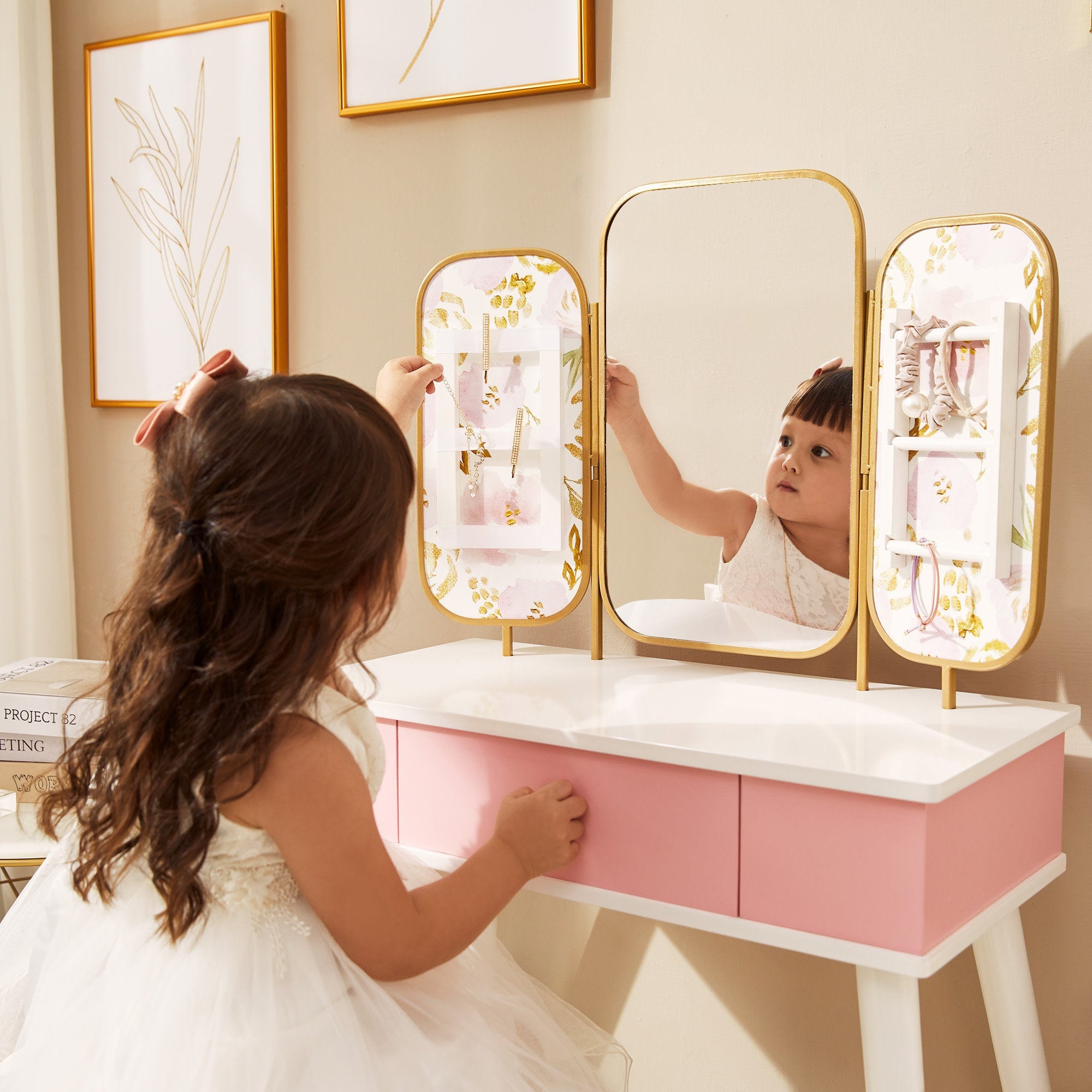 Fantasy Fields Kids Little Lady Izabel Floral Vanity With Mirror, Storage And Stool, Pink