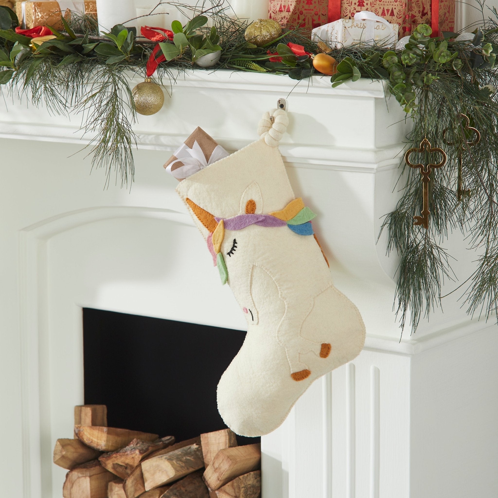 Unicorn On Cream Christmas Stocking In Hand Felted Wool