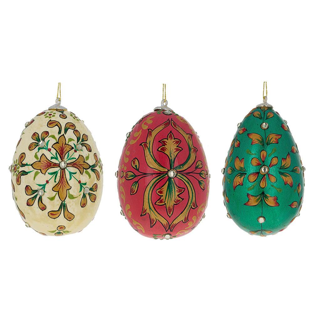 Set Of 3 Embossed Wooden Egg Ornaments