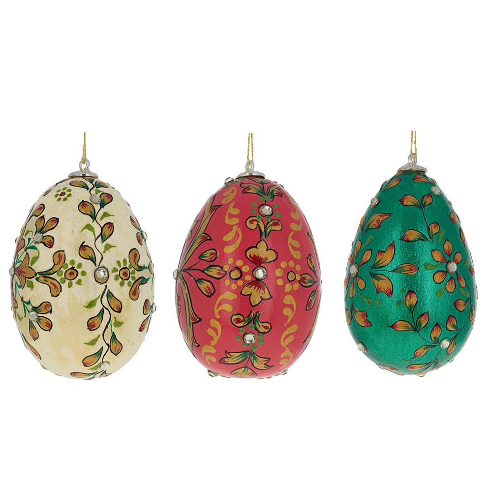 Set Of 3 Embossed Wooden Egg Ornaments