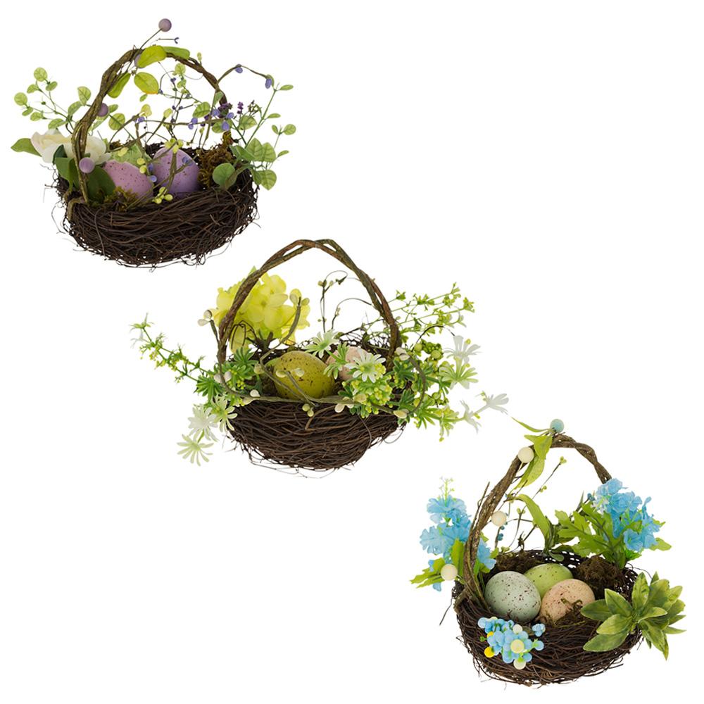 Set Of 3 Easter Baskets With Eggs And Spring Flowers