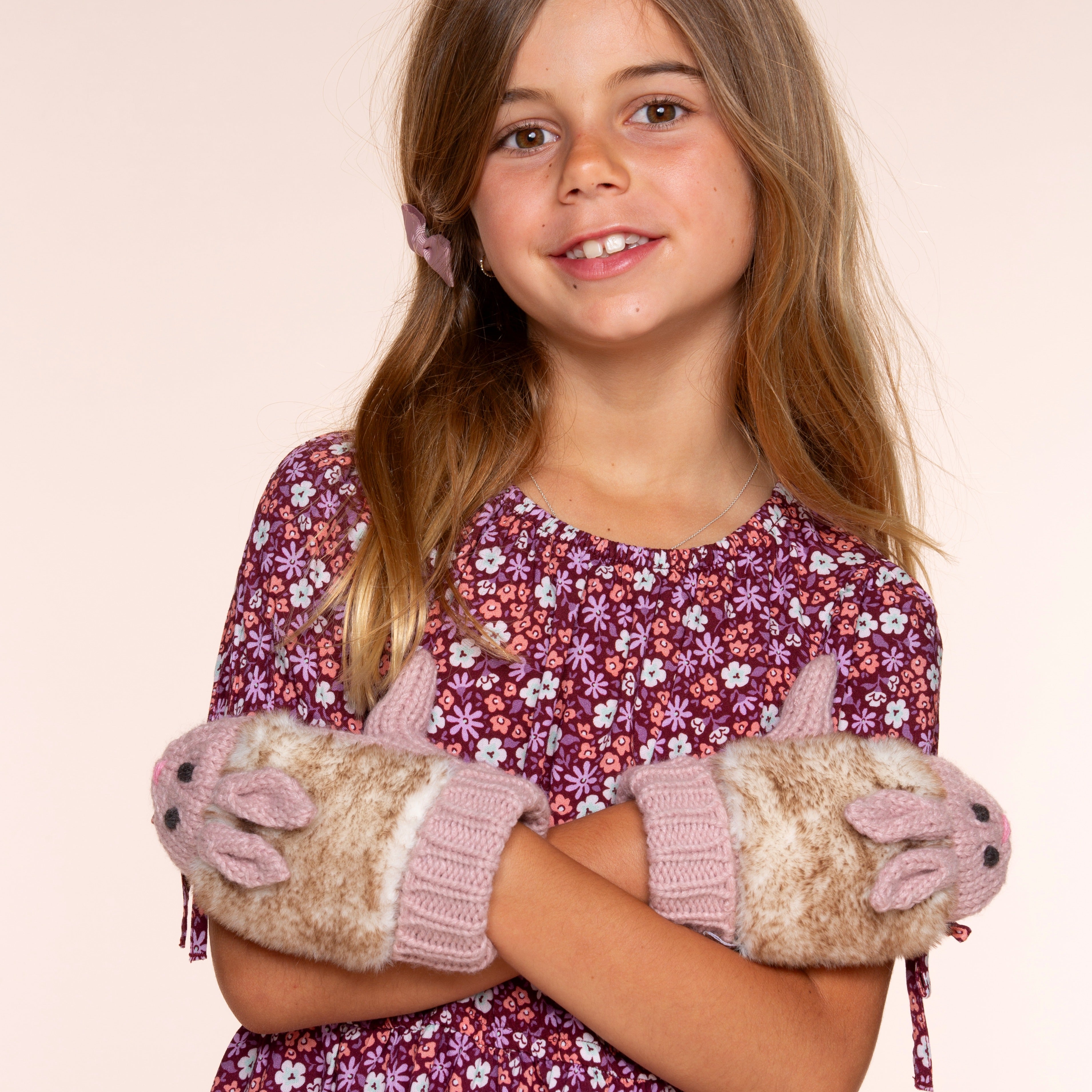 Girls Knit Heart Beanie Mittens 2pc Set With Cute Rabbit Mittens Soft Fleece-lined, Age 4-6