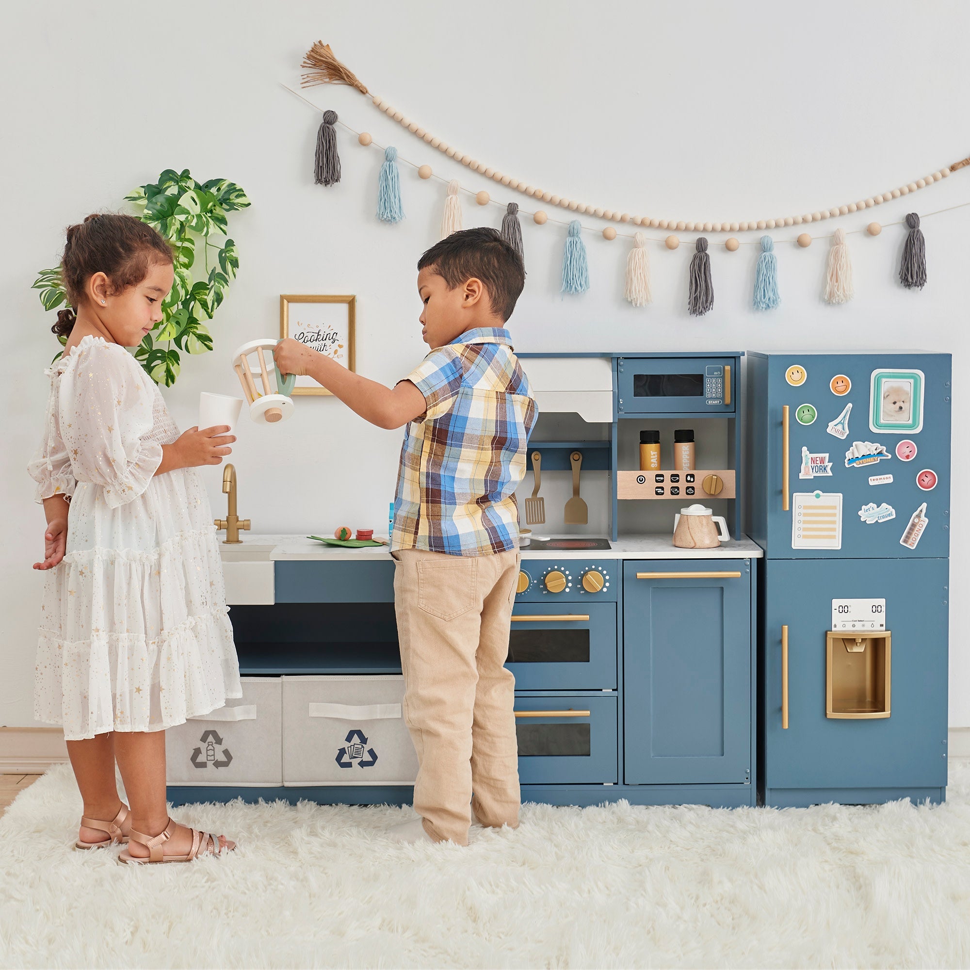 Teamson Kids - Little Chef Atlanta Large Modular Play Kitchen, Stone Blue/gold