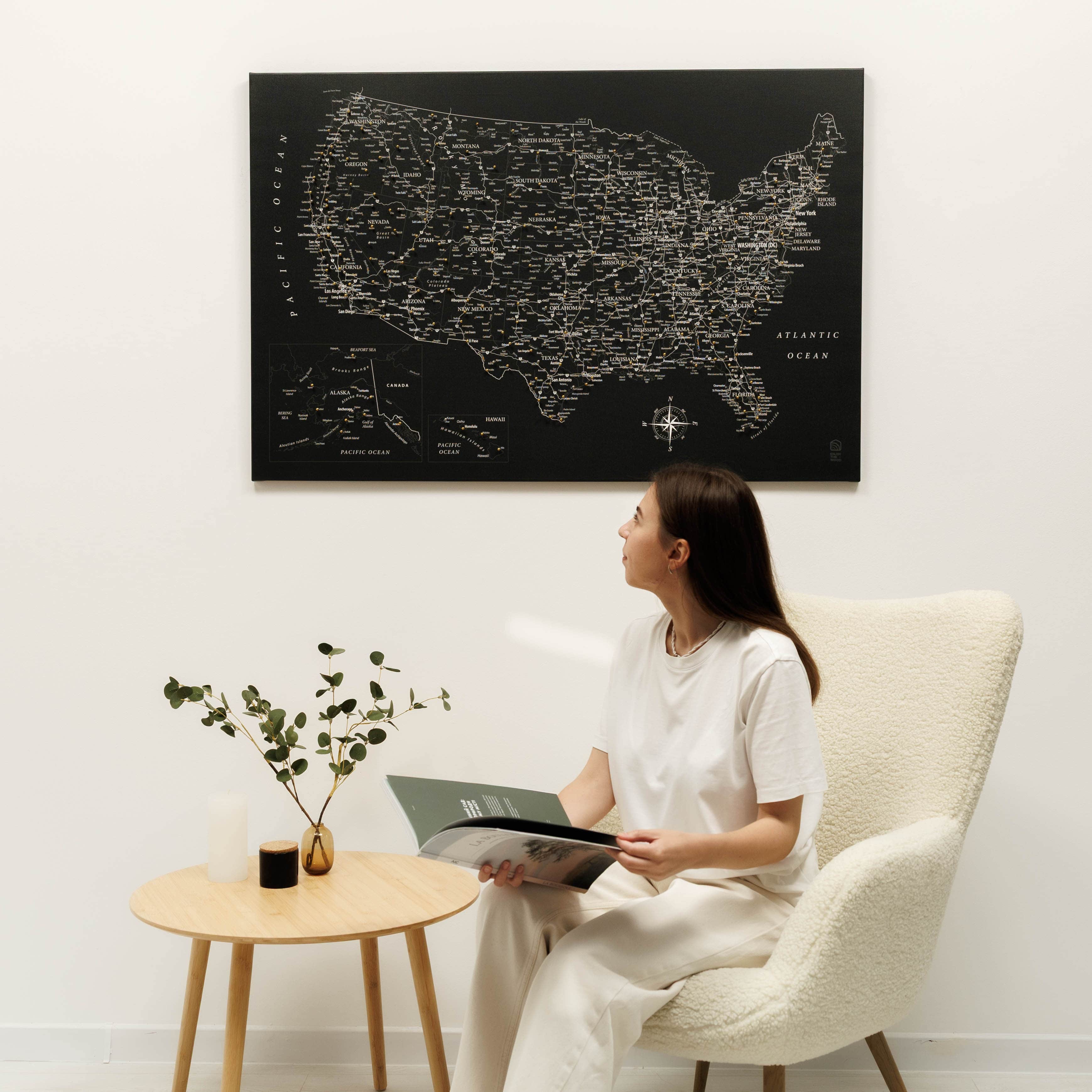 Wooden Canvas Usa Map - Black