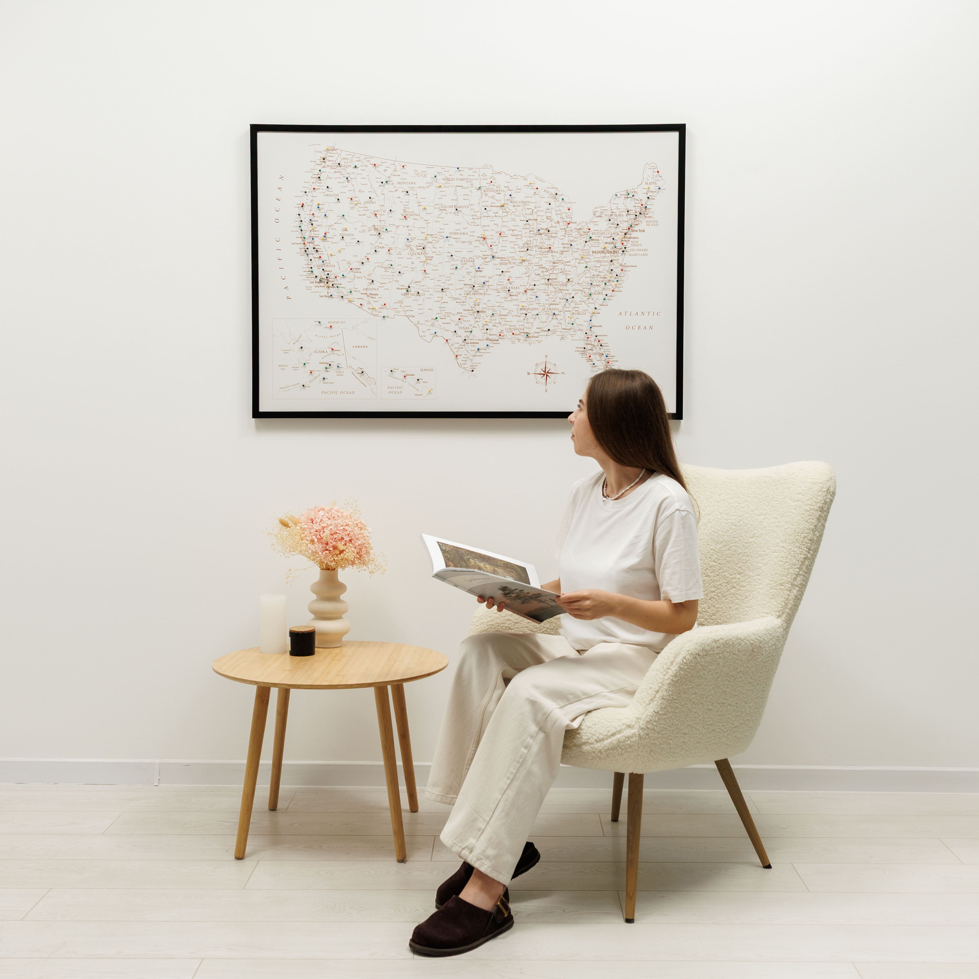 Wooden Canvas Usa Map - Beige