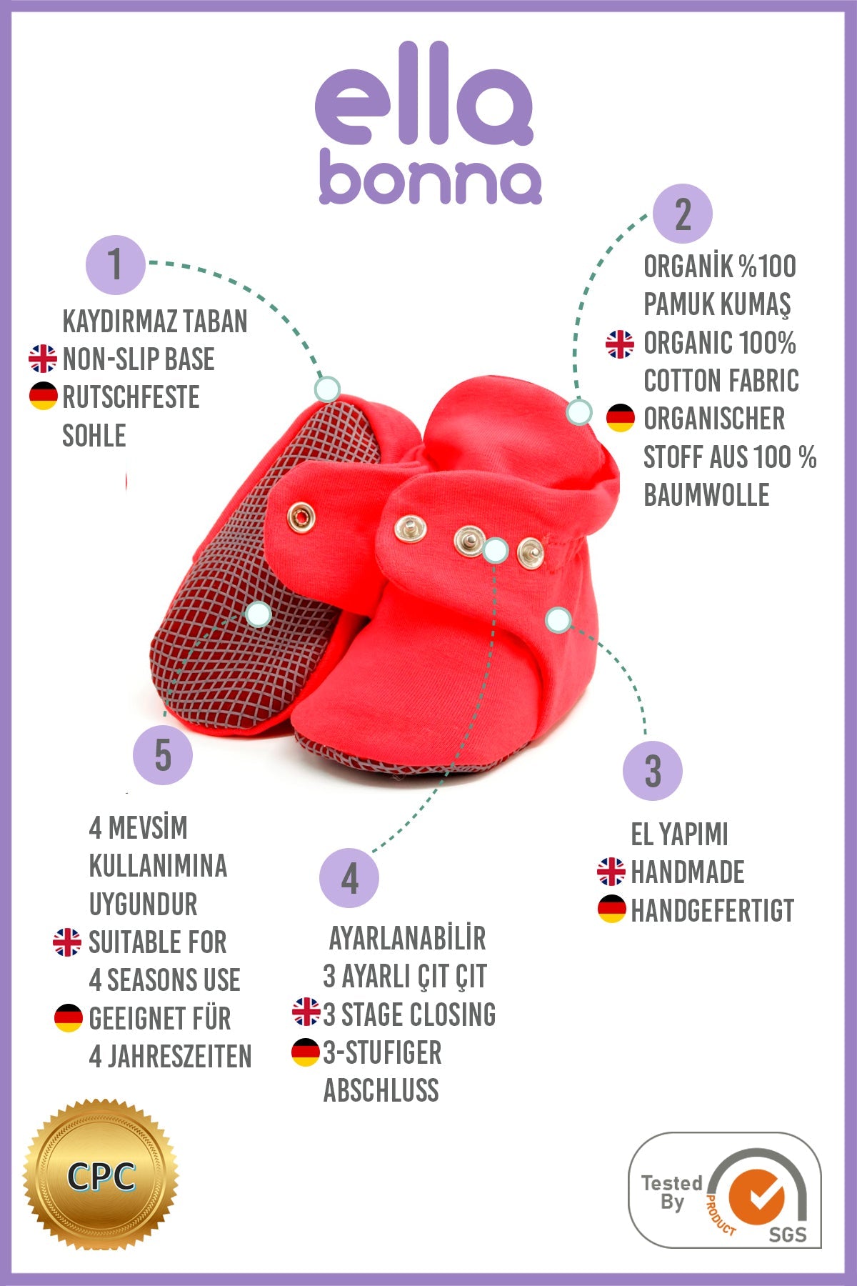 Organic Cotton Baby Booties, Non-slip Sole, Cotton Newborn Booties Home Nursery Shoes, Vermilon