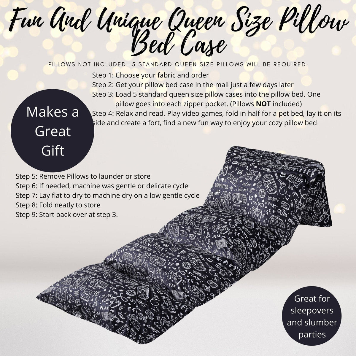Video Gamer Pillow Bed Slipcover, Floor Lounger Gaming Slipcover, Black And White Gaming Slipcover, Holiday Gift For Gamers
