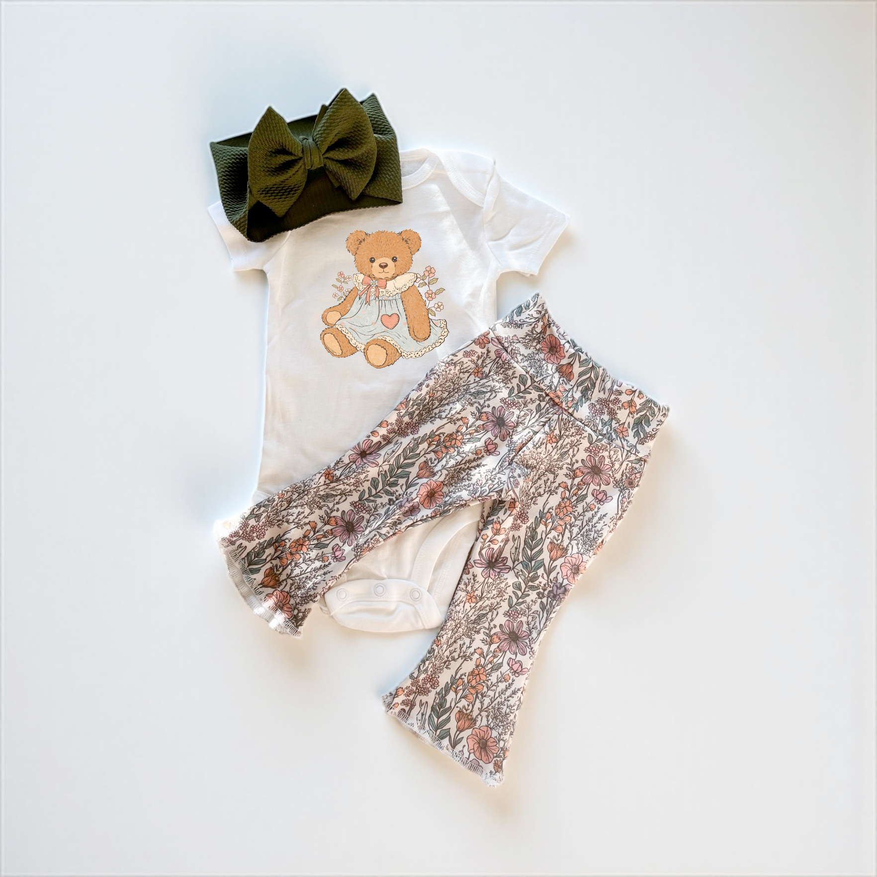 Vintage Teddy Bear Baby Bell Bottom Outfit