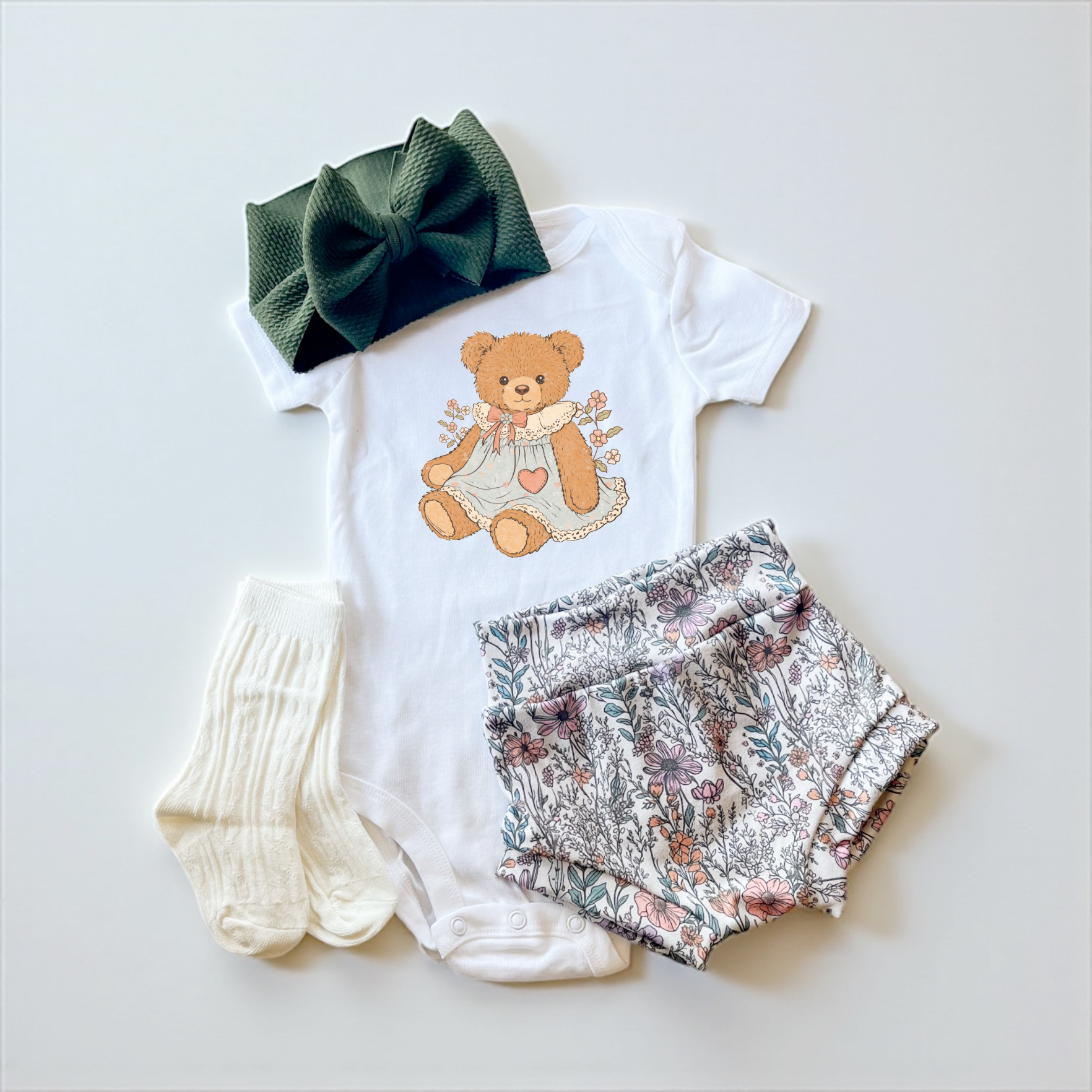Vintage Teddy Baby Girl Bummies Outfit