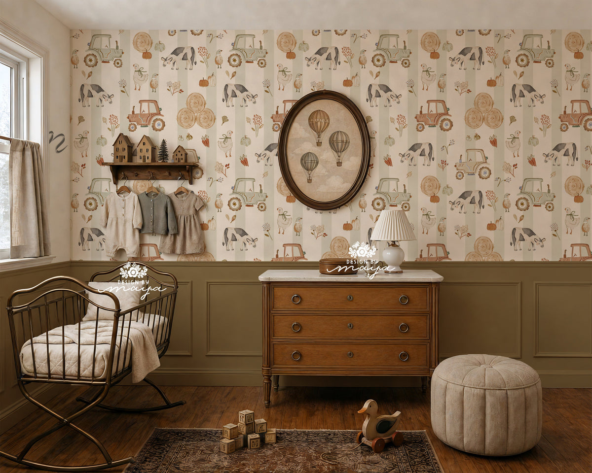 Farmhouse Style Heart Wallpaper - Vintage Vibes, Nursery Wall Decor Wallpaper