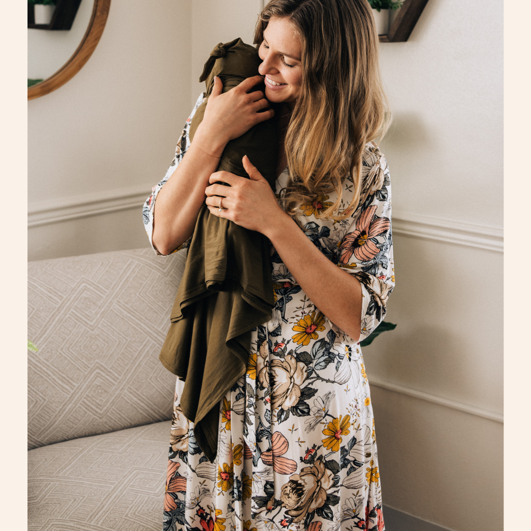 Vintage Floral Maternity Delivery Gown & Olive Green Swaddle