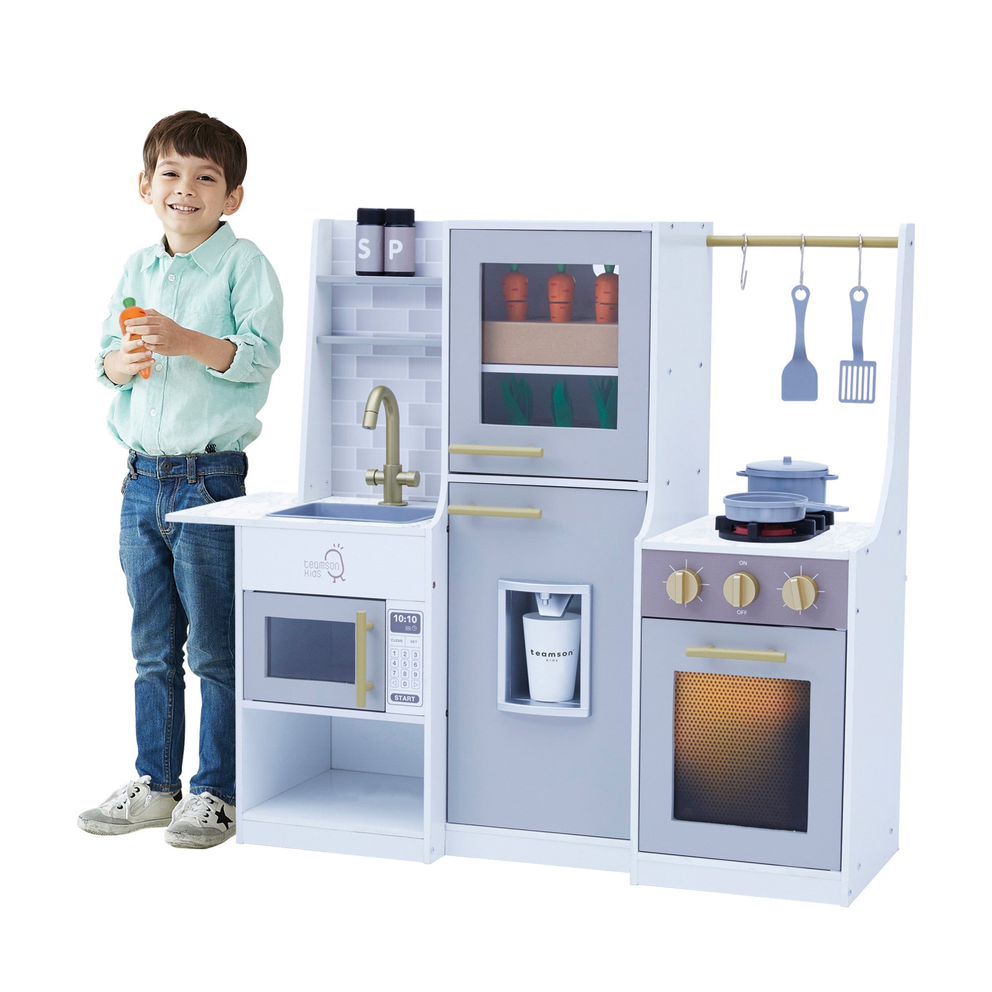 Little Chef Lyon Complete Wooden Kitchen Set With Hydroponic Garden, Refrigerator And Accessories, Gray