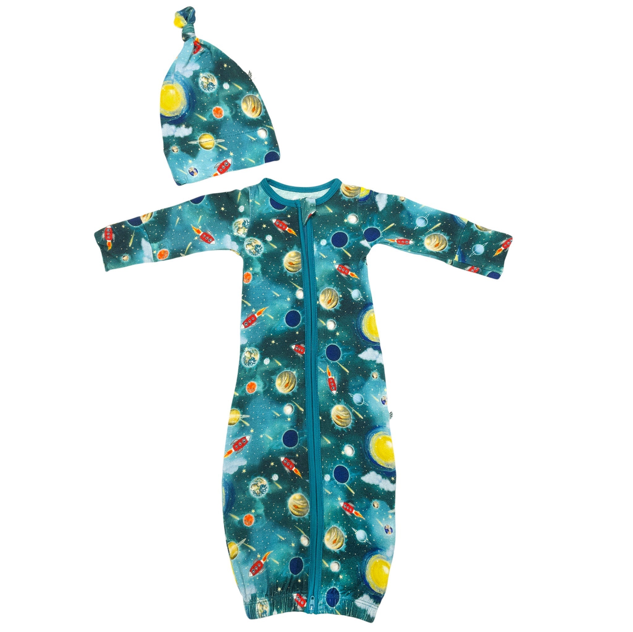 Vroom To The Planets Newborn Gown & Knot Hat Set