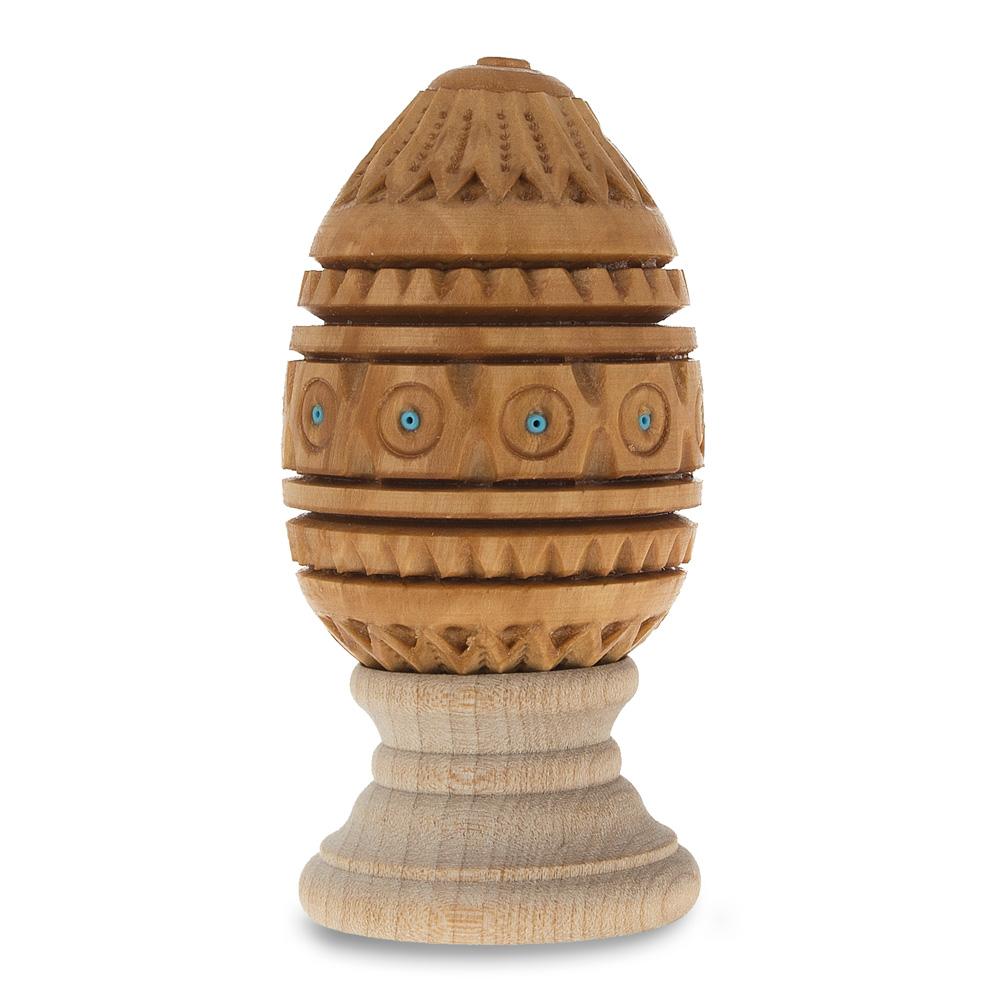 Hand Carved Inlaid Ukrainian Wooden Easter Egg On A Stand