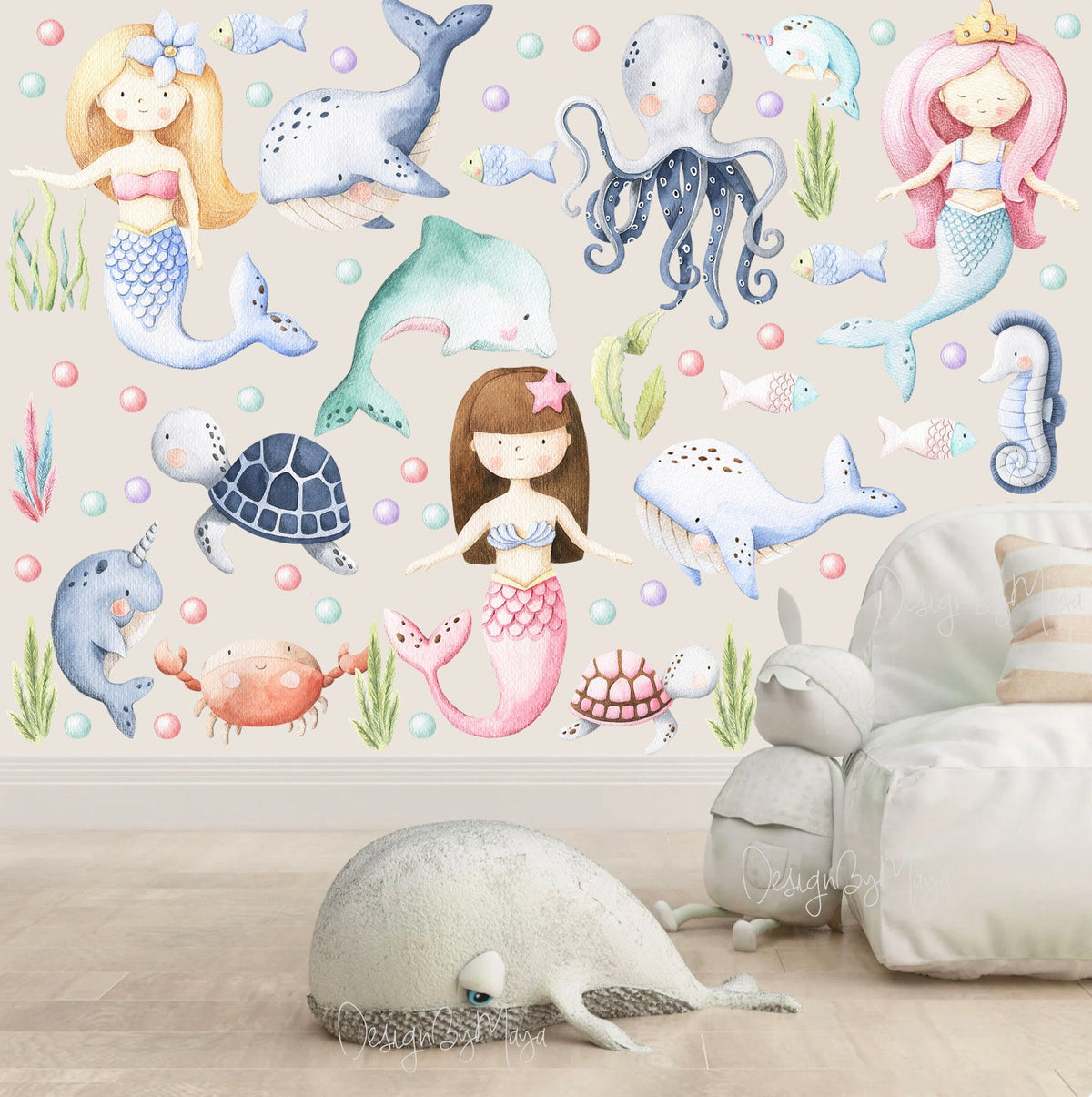 Little Mermaids And Ocean Creatures Decals - Fabric Nursery Wall Art Decals