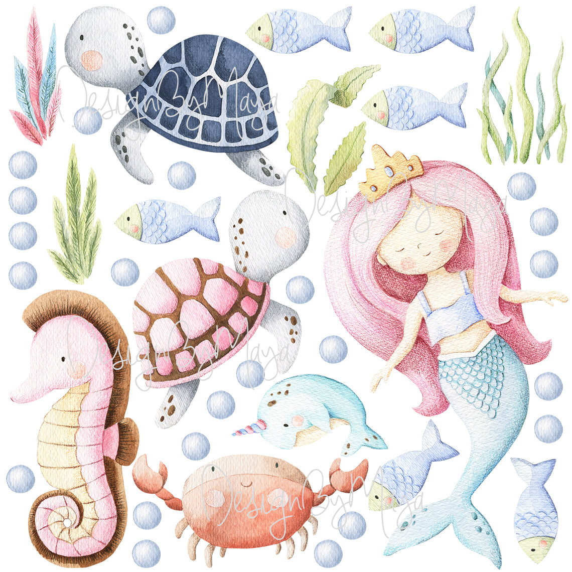 Baby Mermaids And Sealife Decals - Fabric Nursery Wall Art Decals