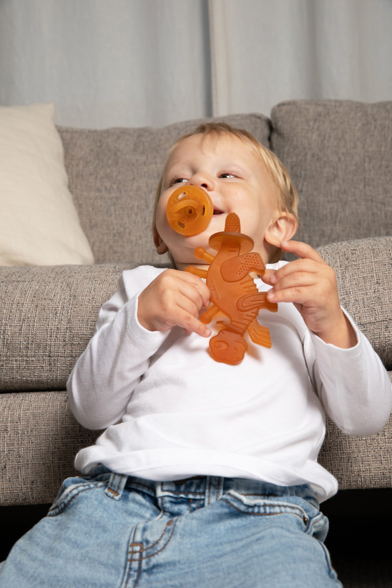 Dibly Amber - Baltic Amber & Natural Rubber Dinosaur Teether With Toothbrush Tail