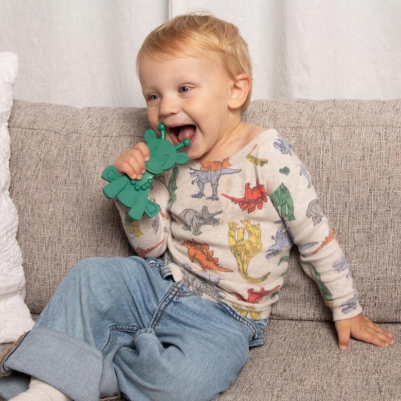 Dibly - Green - Baltic Amber & Natural Rubber Dinosaur Teether With Toothbrush Tail