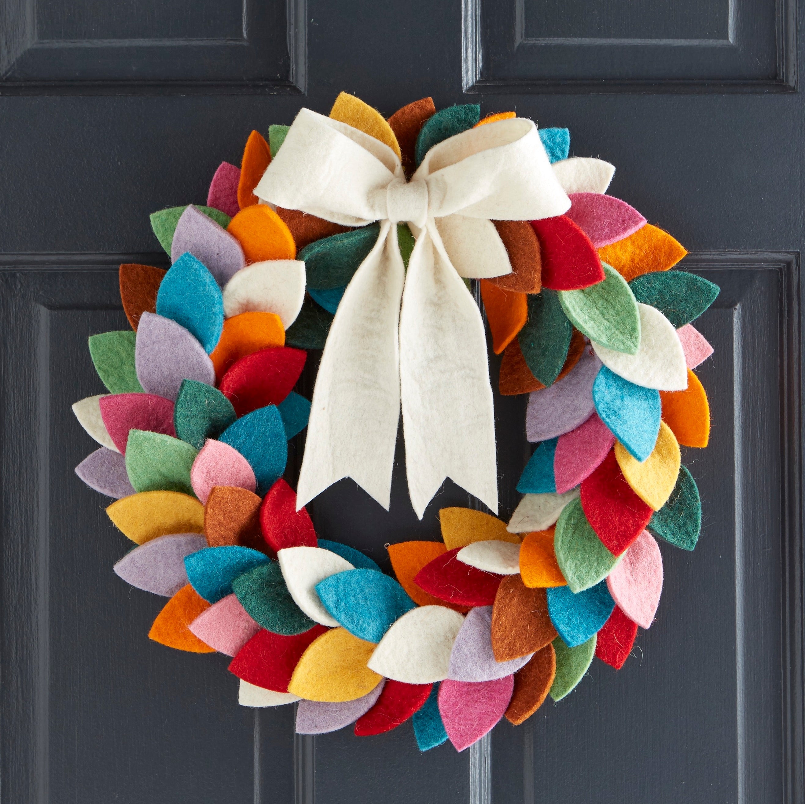 Multicolored Wreath With Cream Bow On Top Made Of Hand Felted Wool-12"