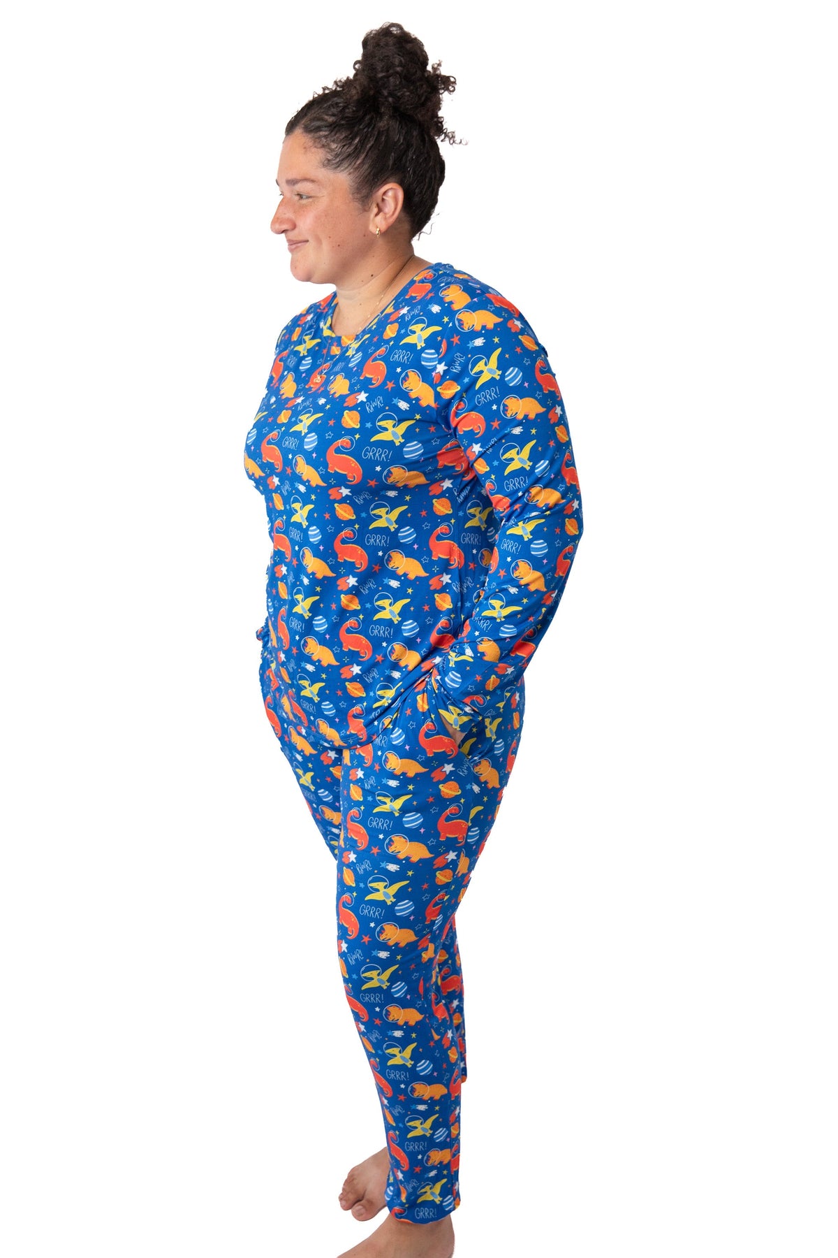 Electric Blue Space Dinosaur Bamboo Mommy & Me Pajamas