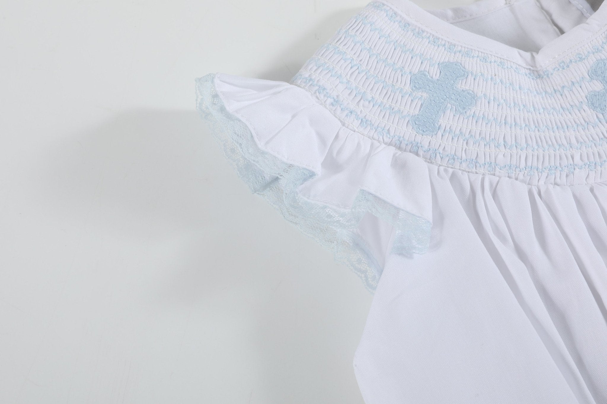 White And Blue Holy Smocked Bishop Dress