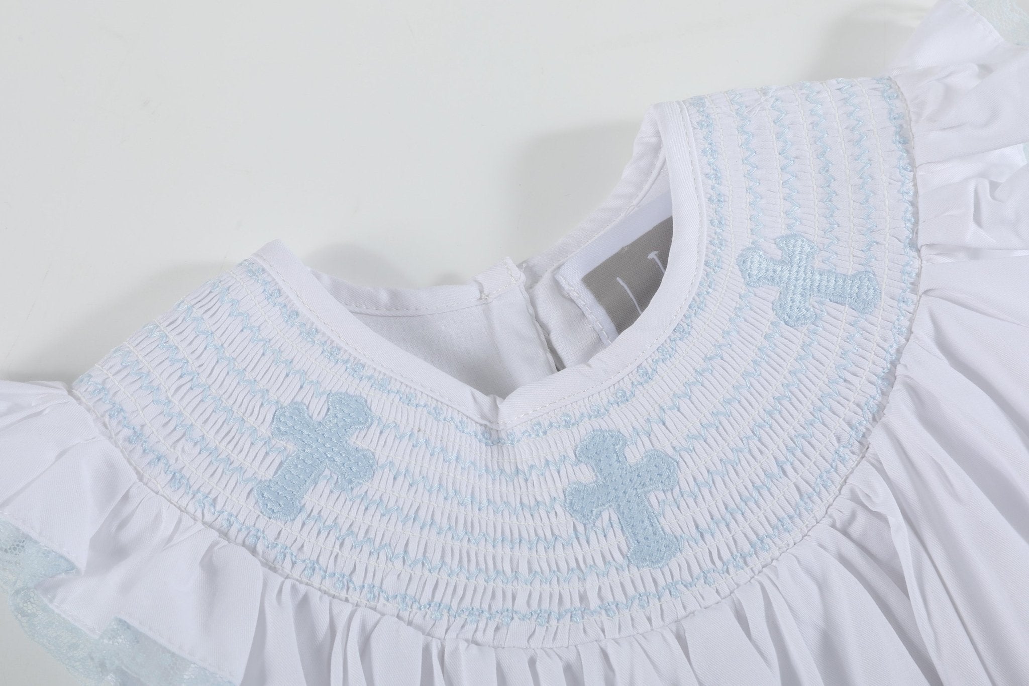 White And Blue Holy Smocked Bishop Dress