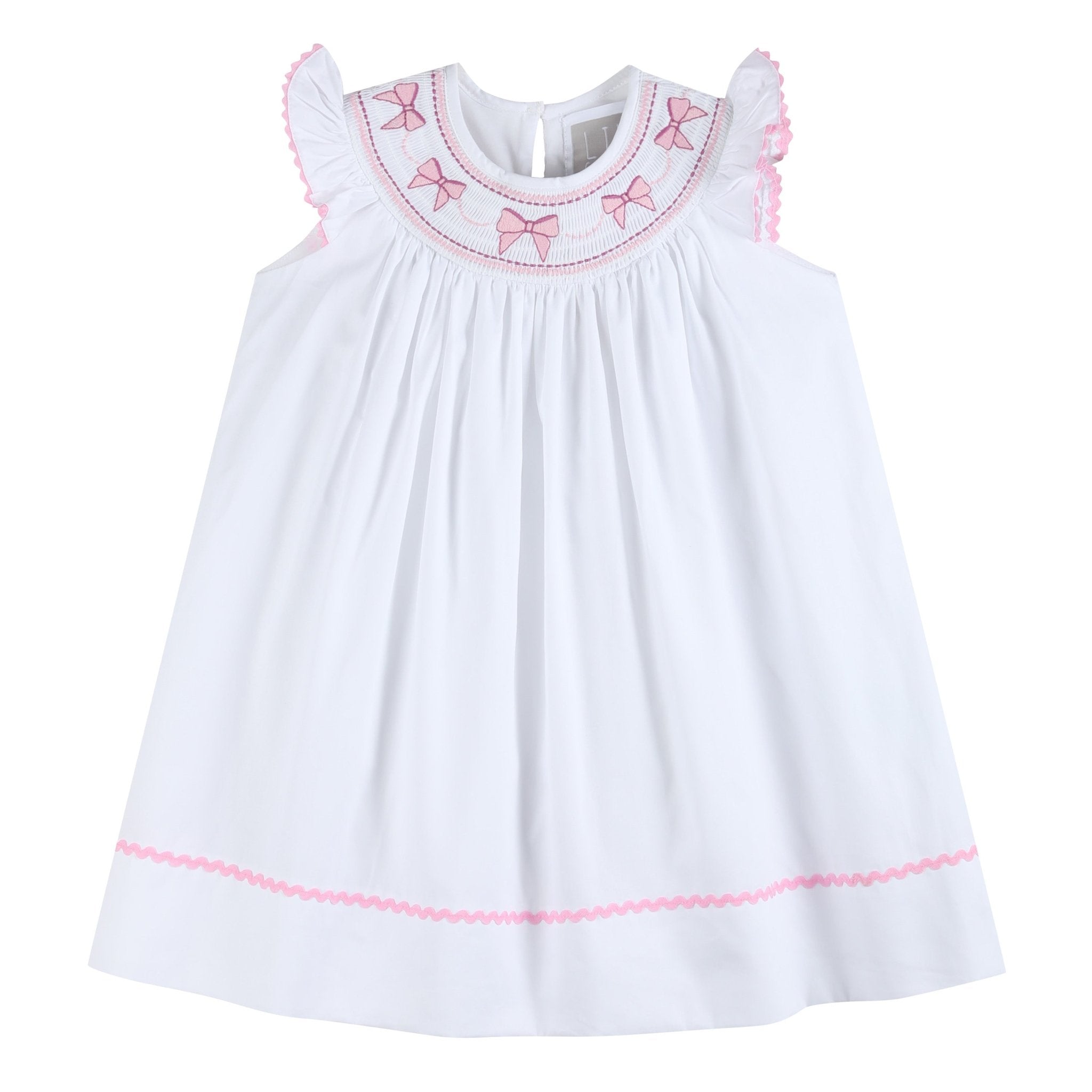 White And Pink Bows Smocked Bishop Dress