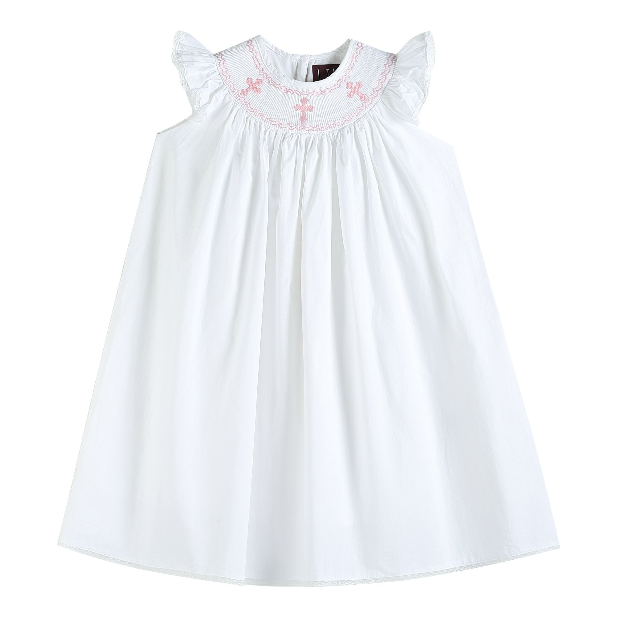 White And Pink Crosses Smocked Bishop Dress