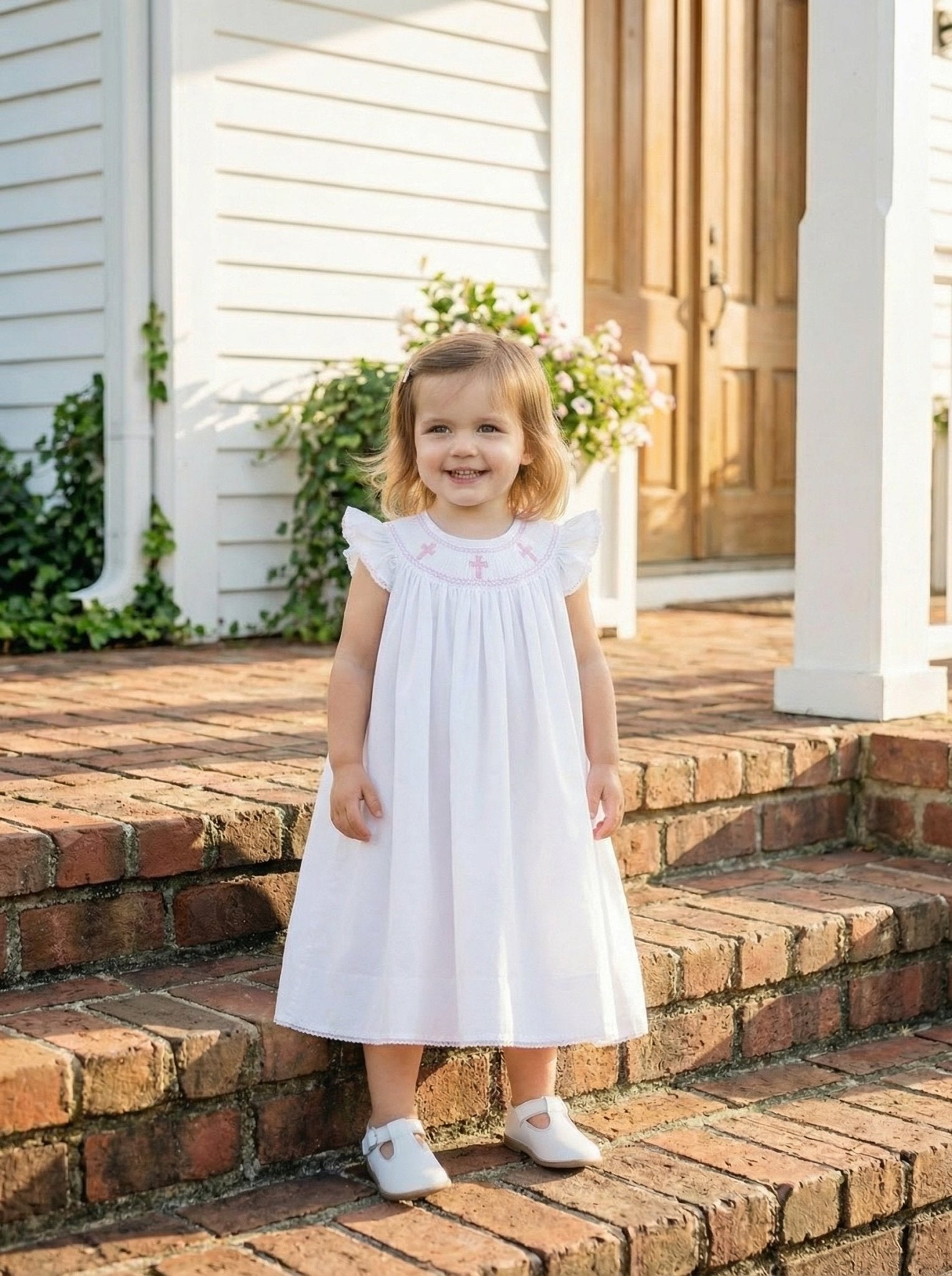 White And Pink Crosses Smocked Bishop Dress