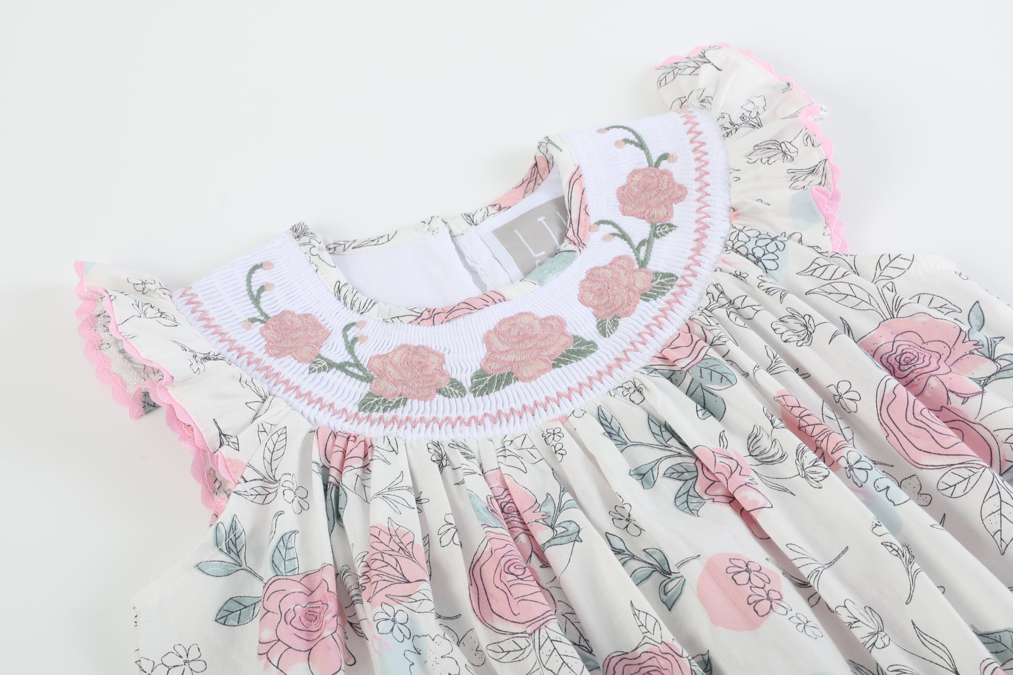 White And Pink Floral Smocked Bishop Dress