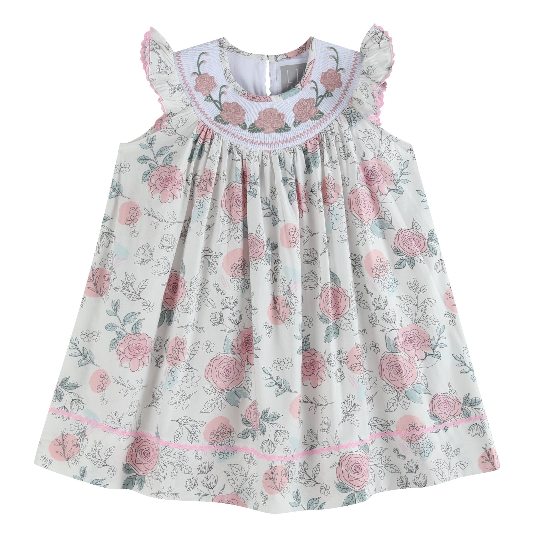 White And Pink Floral Smocked Bishop Dress
