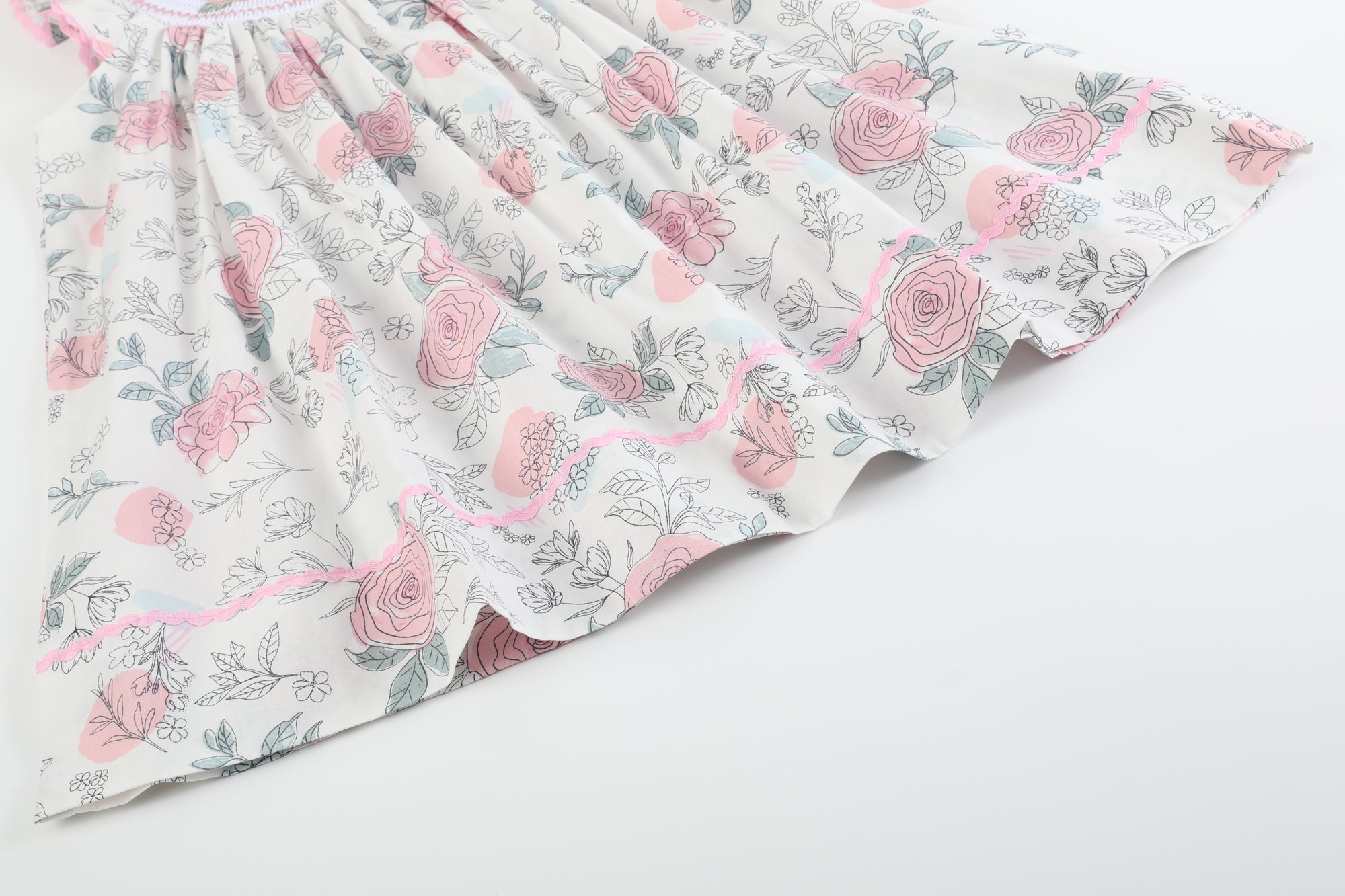 White And Pink Floral Smocked Bishop Dress