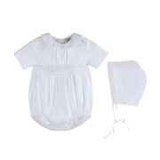 White Collared Button Romper With Bonnet