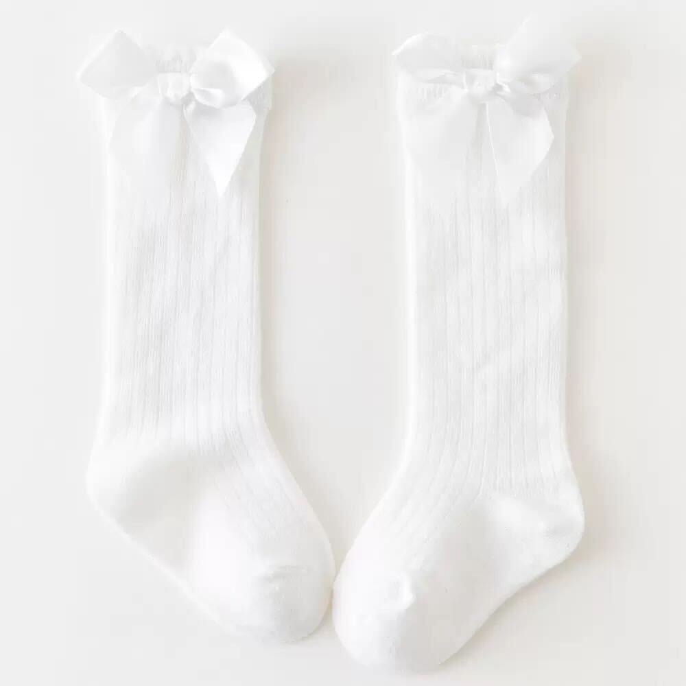 White Cotton/poly Lace Knee High Socks With Bow