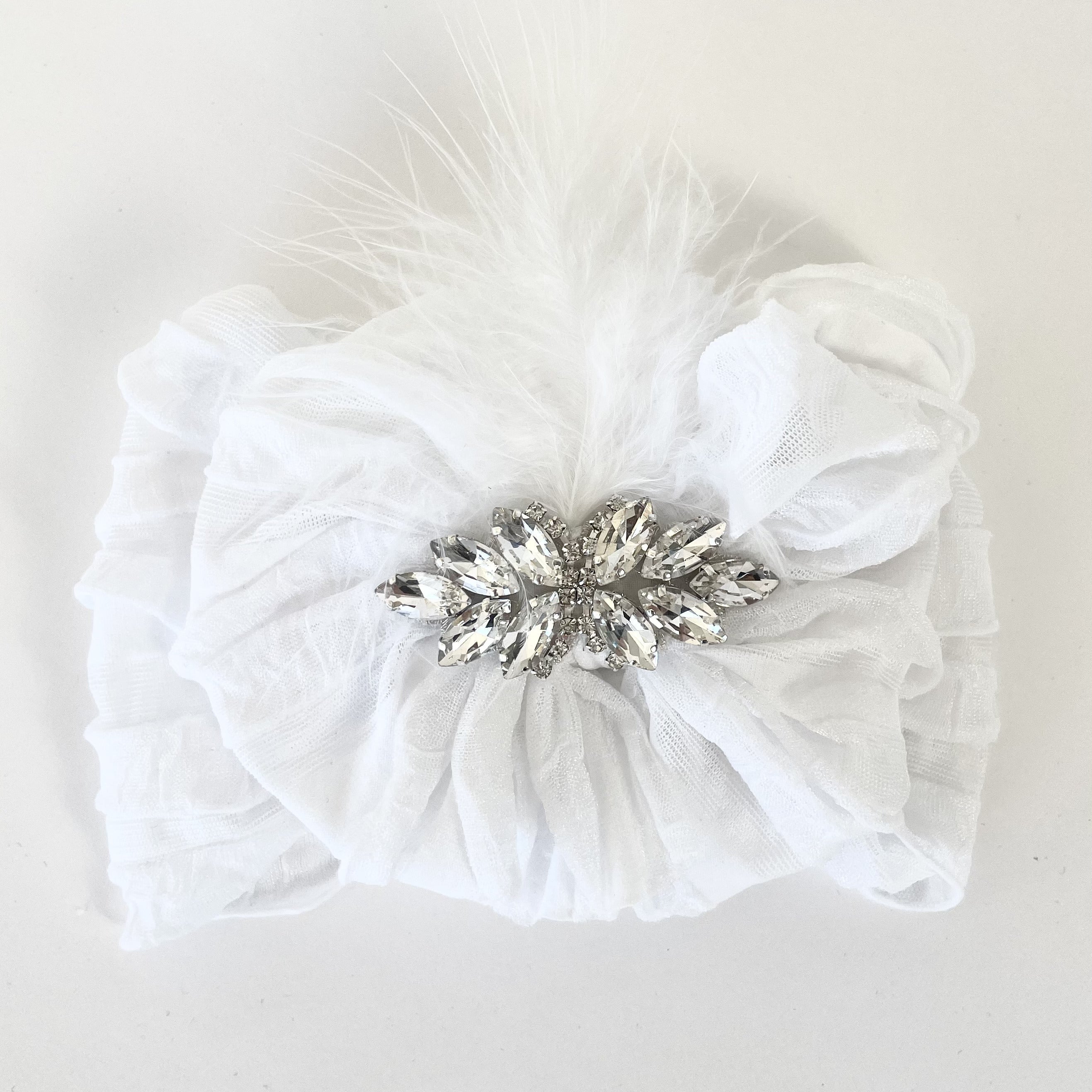 Fancy Feather & Rhinestone Ruffled Baby Headband
