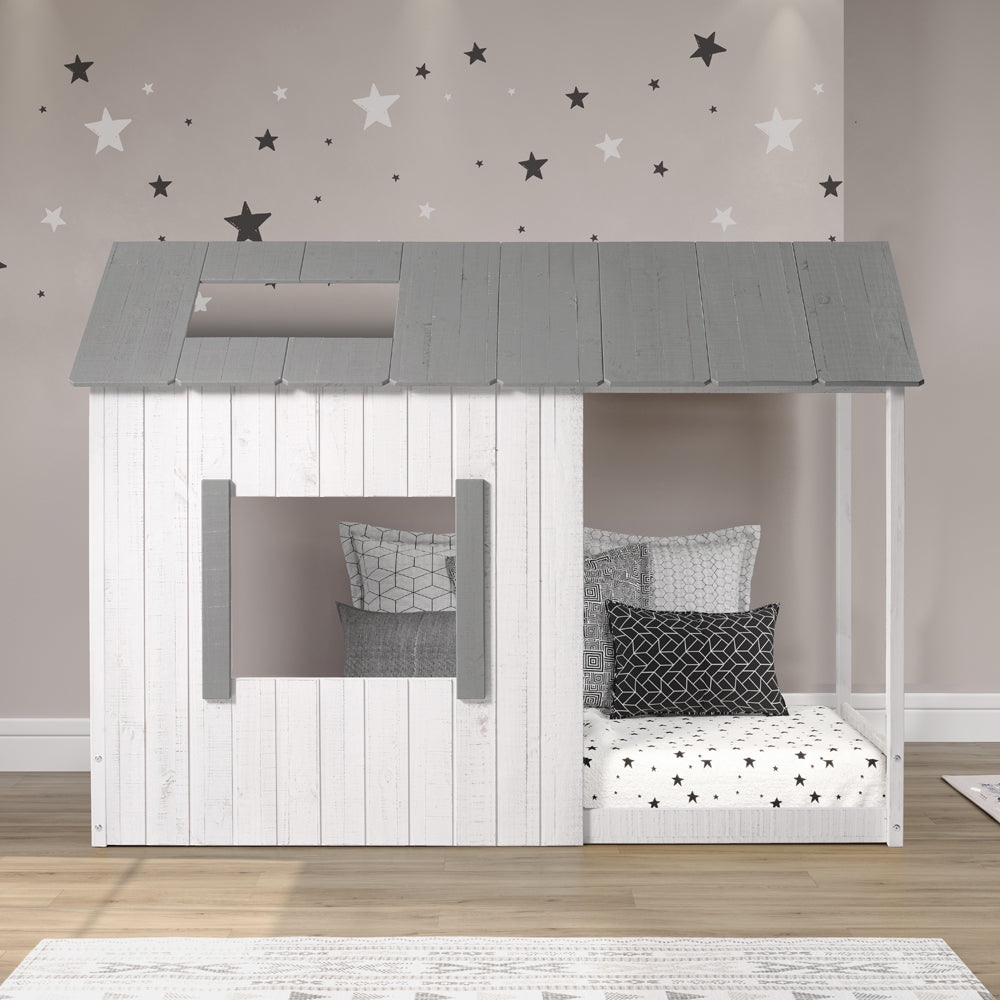 P'kolino Kid's House Twin Floor Bed - White Wall & Frame with Grey Roof