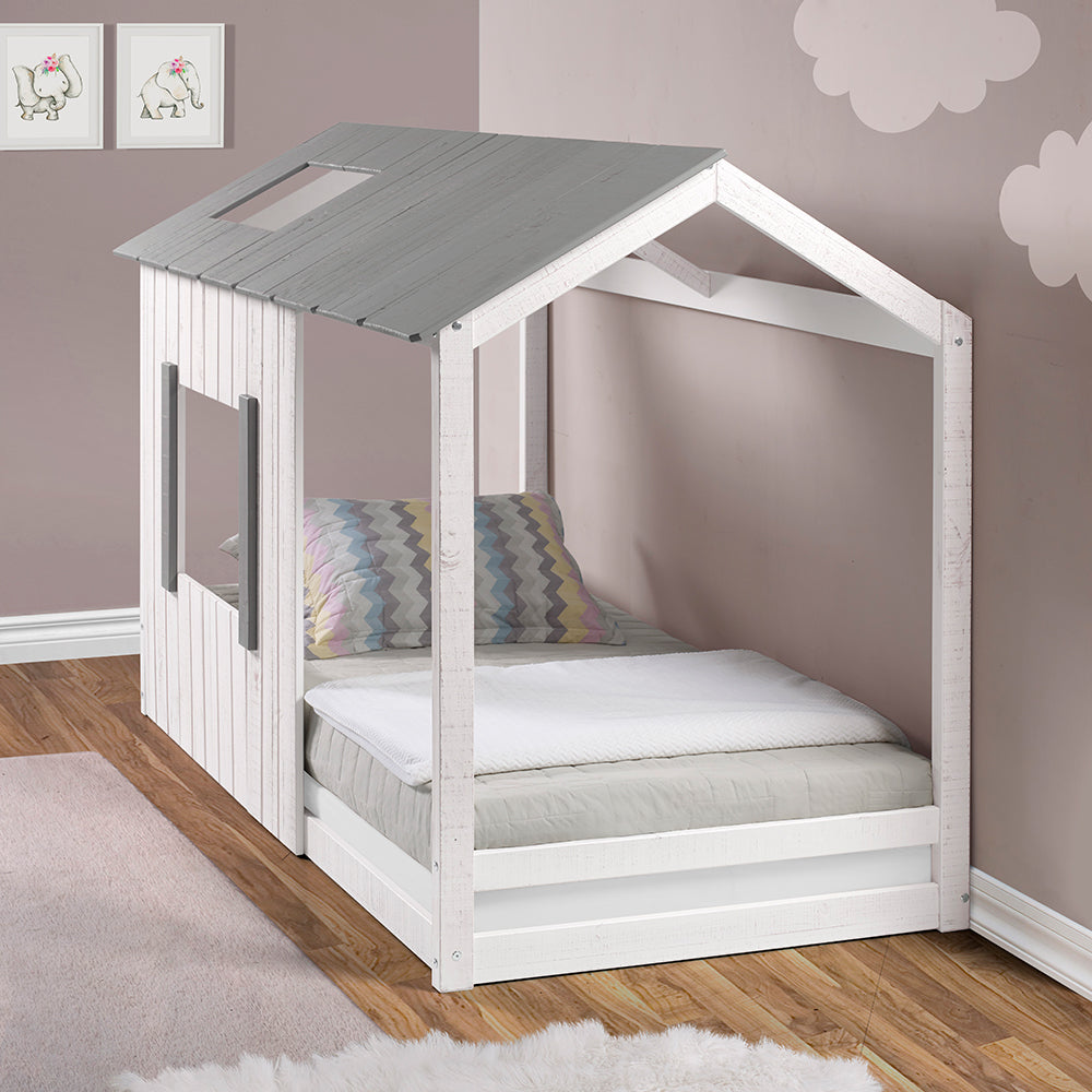 P'kolino Kid's House Twin Floor Bed - White Wall & Frame with Grey Roof