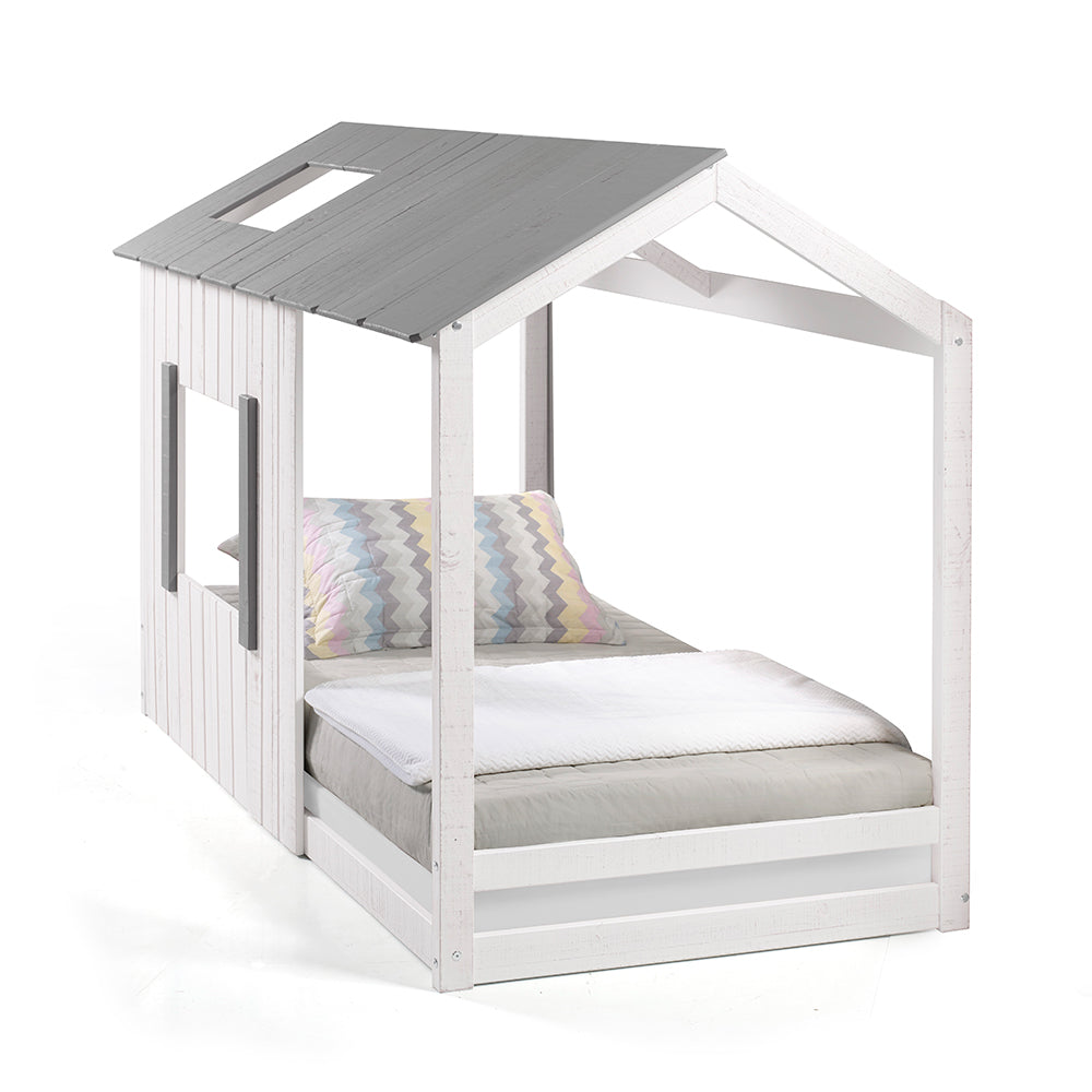 P'kolino Kid's House Twin Floor Bed - White Wall & Frame with Grey Roof