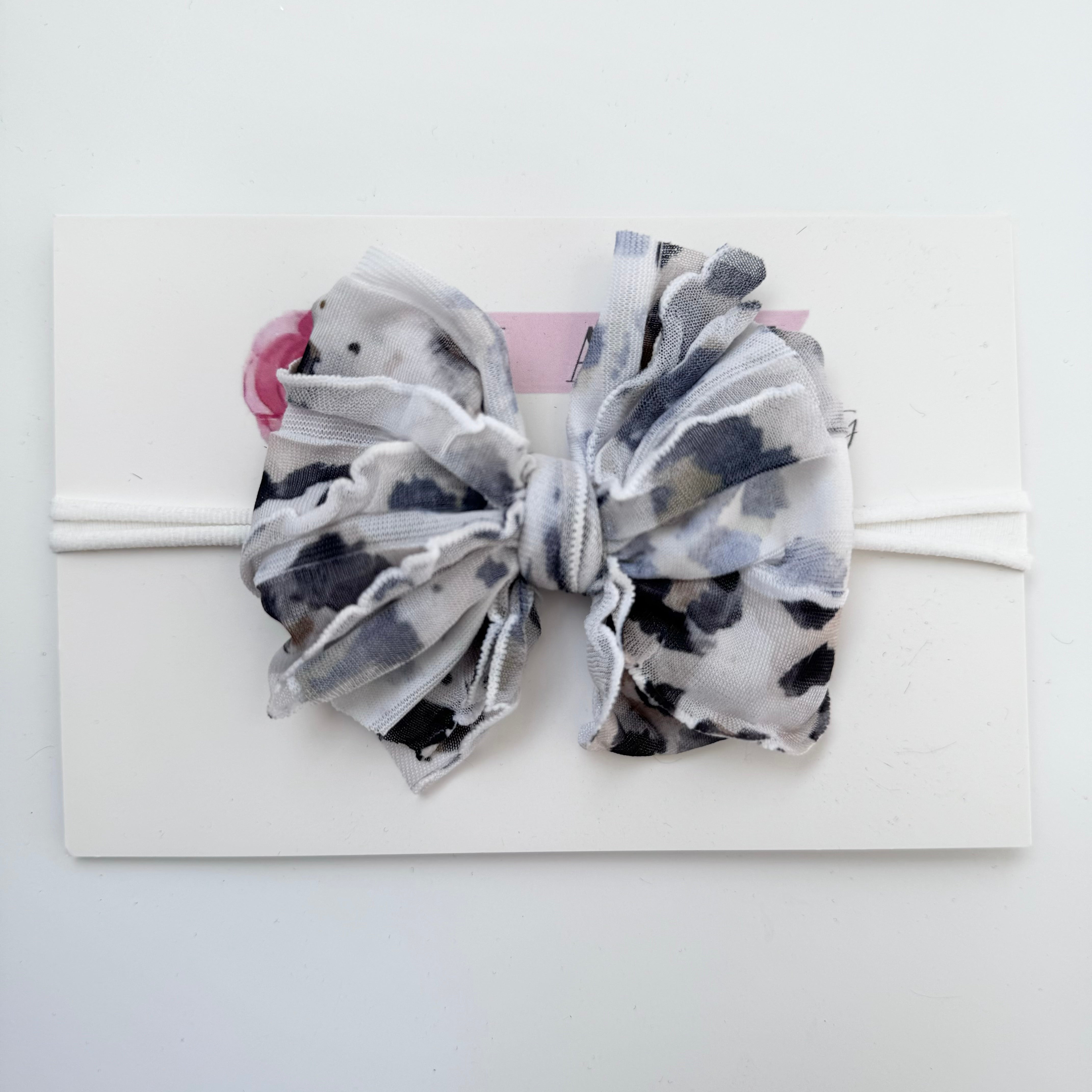 White Leopard | Skinny Mini Nylon Ruffled Baby Headband