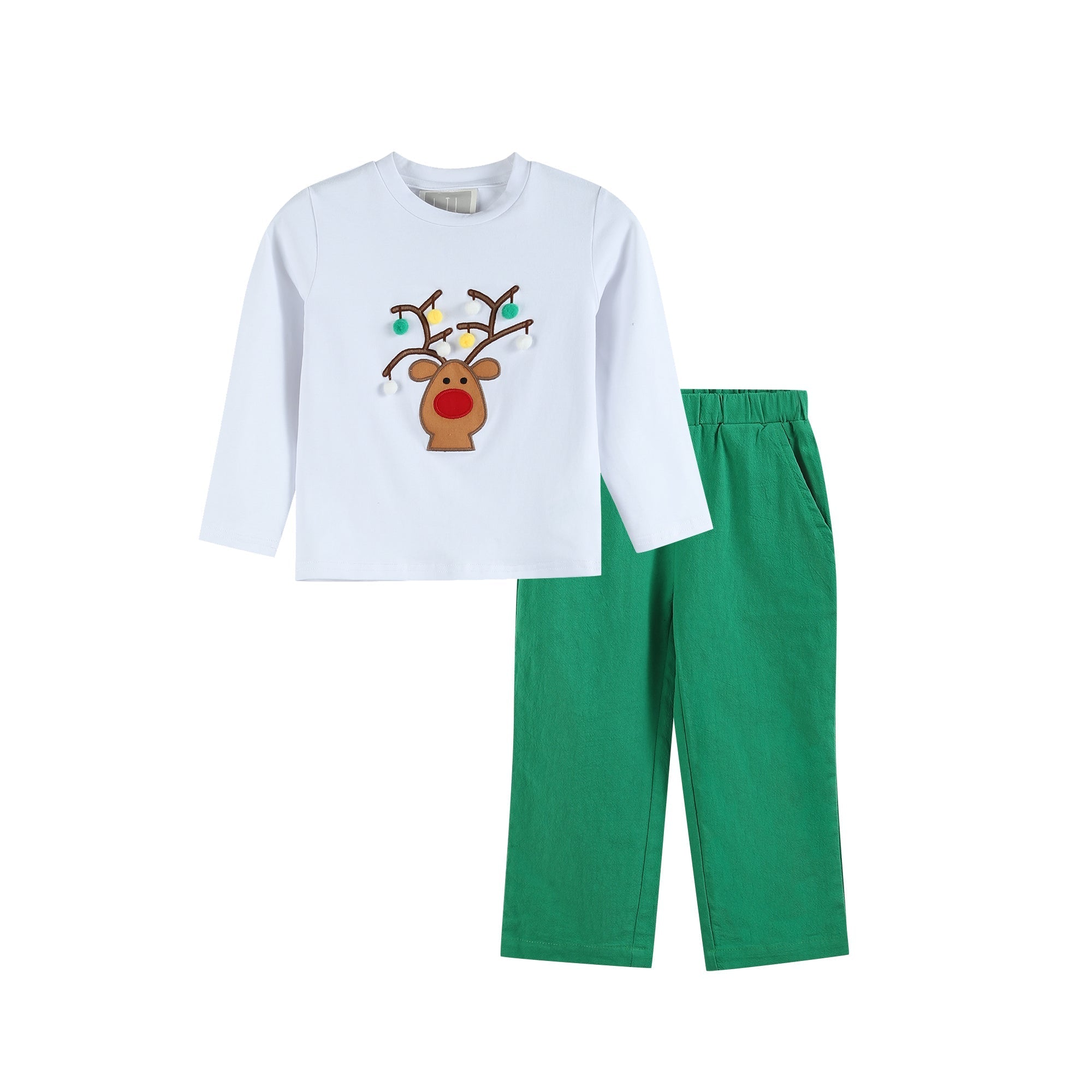 White Pompom Reindeer And Green Pants Set